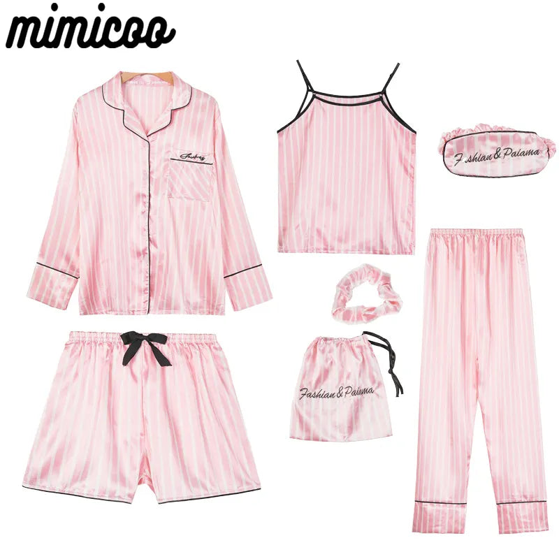 Pink Women's 7 Pieces Pajamas Sets Faux Silk Striped Pyjama Women Sleepwear Spring Summer Autumn Homewear Lounge Home Clothes San Remo