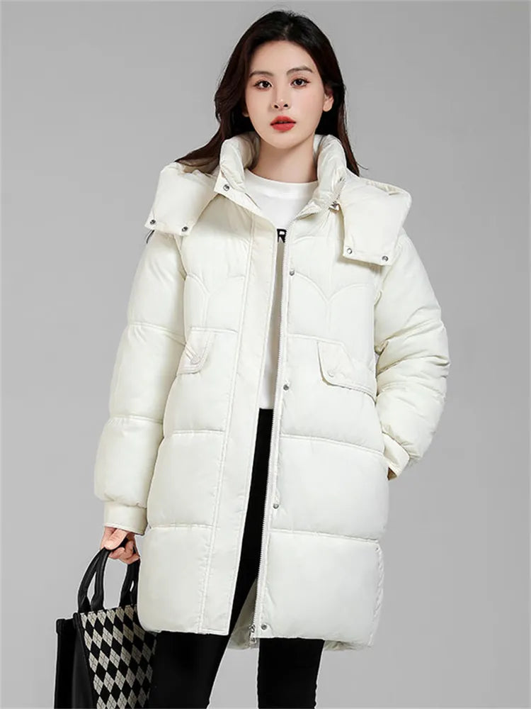 Down Cotton Coat Women New Fashion Long Loose Detachable Hooded Parkas Jacket Casual Thick San Remo