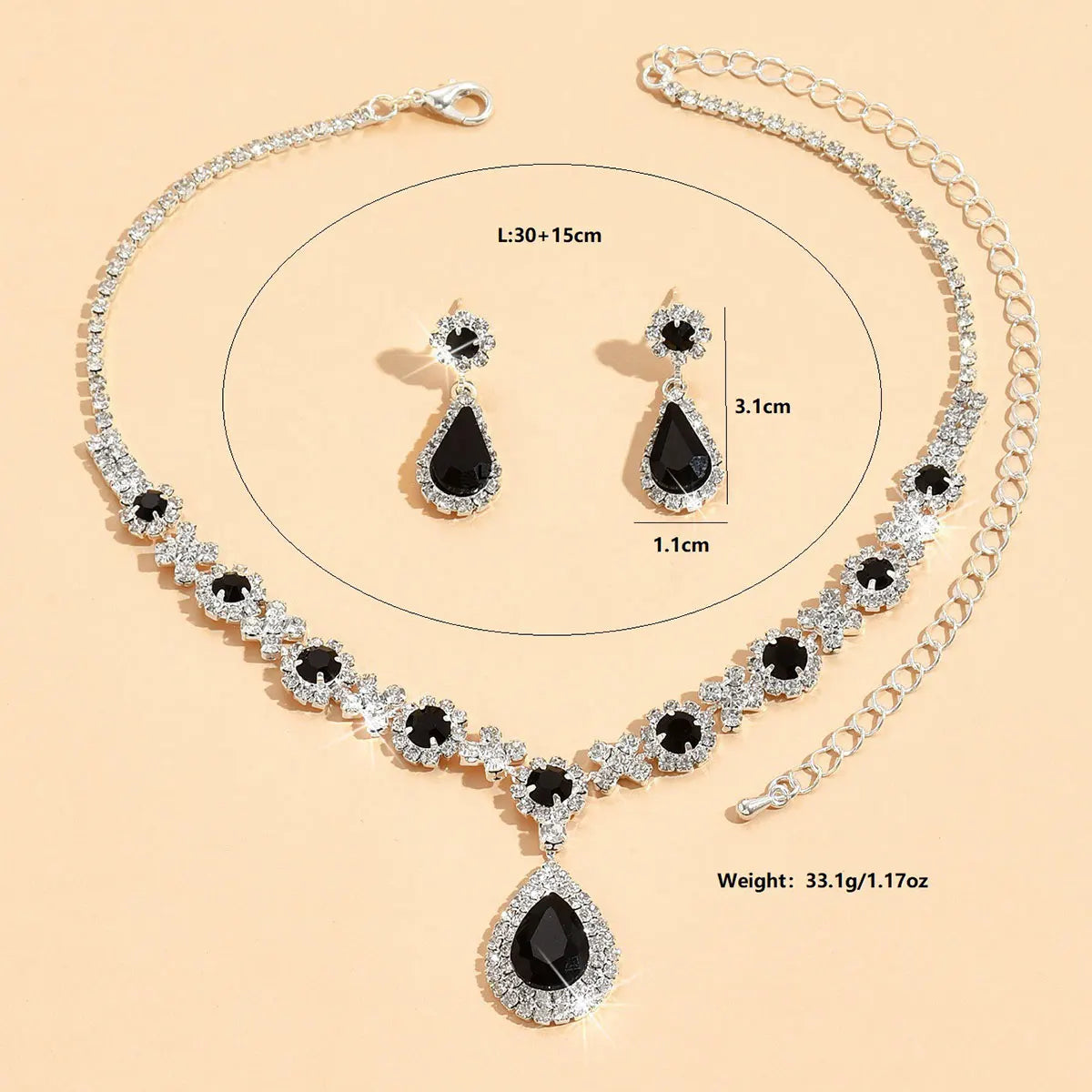 2Pcs Women Waterdrop Rhinestone Pendant Necklace Stud Earrings Set Wedding Party Dress Bridal Jewelry Sets