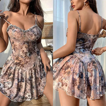Babydolls Floral plissierten Leibchen kurzen Rock und Nachthemd Damen Pyjama Dessous