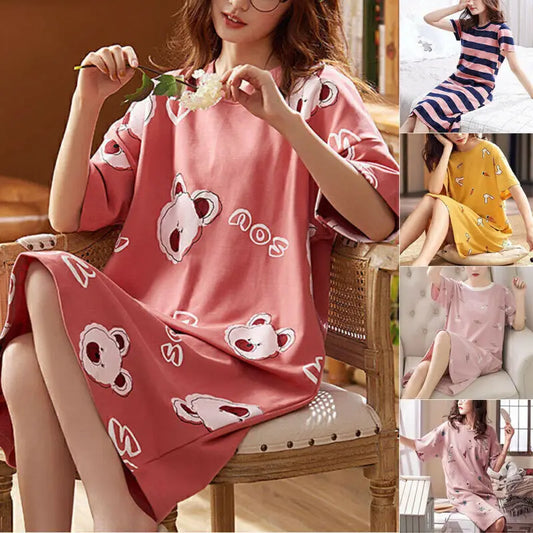 New Womens Nightshirt Night Dress Cartoon Sleepwear Ladies Short Sleeve Soft Comfortable Nightwear Print Pyjama Dress