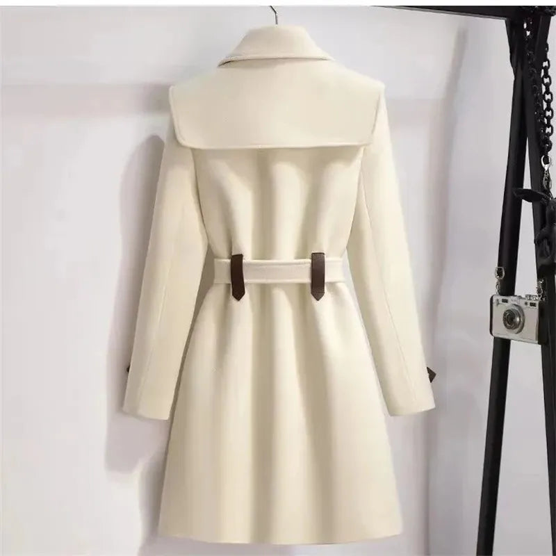 Womens Clothing Woolen Coats Slim Belt Elegant Long Coat Female Beige Black San Remo