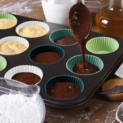 12/24Pcs Reusable silicone muffin cups for baking muffins, cupcakes, tarts, and more.