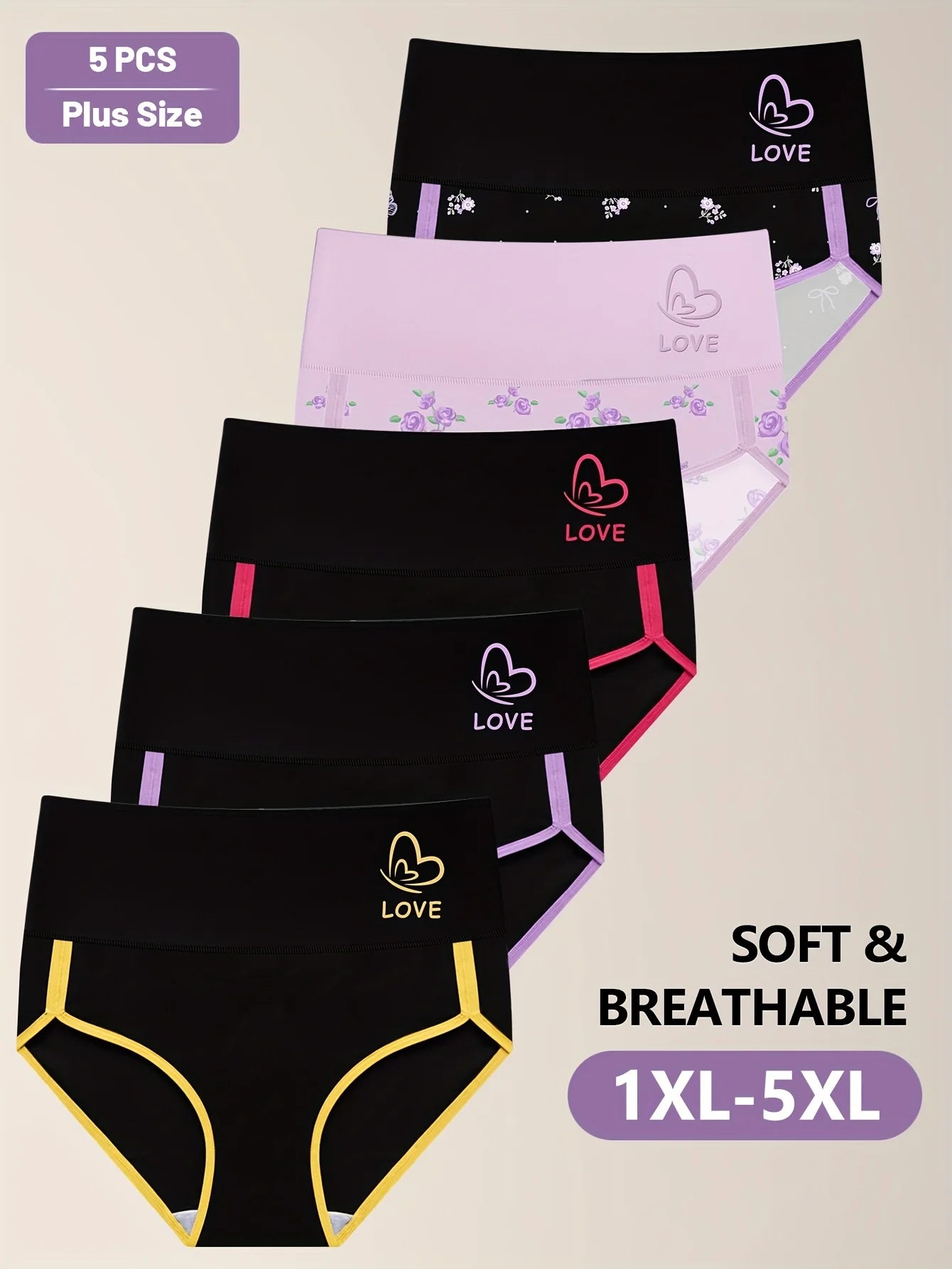 5-Pack Plus Size Panties for Women, Solid Color, Comfortable Breathable Polyester, Medium stretch, Knit