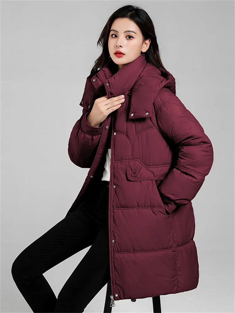 Down Cotton Coat Women New Fashion Long Loose Detachable Hooded Parkas Jacket Casual Thick San Remo