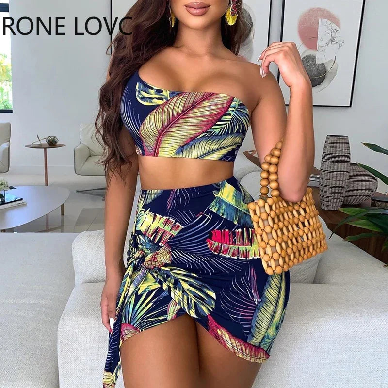 Women Off Shoulder Tie Front Top & Tropical Print Skirt Set  Casual 2 Pieces Set San Remo Shops