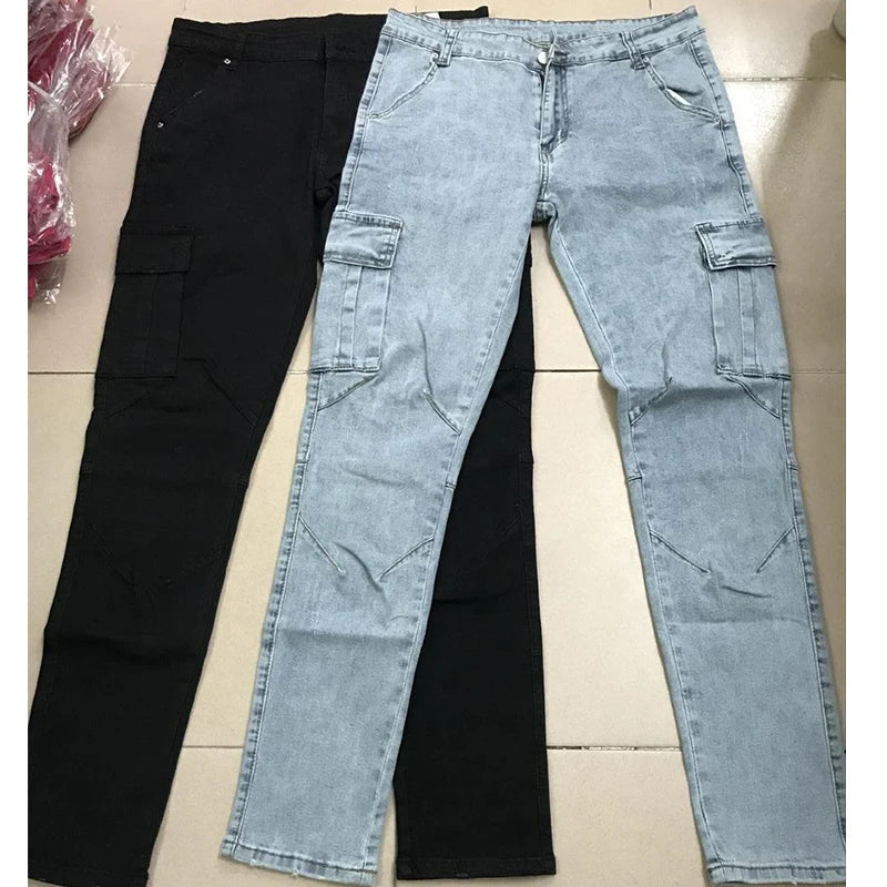 Jeans Man Pants Casual Cotton Denim Trousers Multi Pocket Cargo Pants Men Fashion Denim Trousers Men's Side Pockets Cargo jeans San Remo