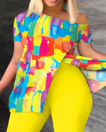 Conjunto de dos piezas para mujer, moda de verano, sexy, con hombros descubiertos, abertura, estampado, manga corta, top ajustado, leggings de cintura alta, pantalones, conjuntos.