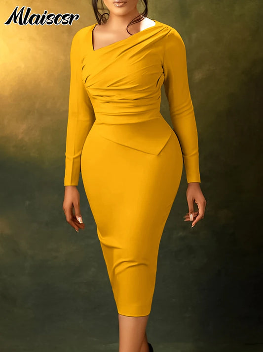 Mlaiscsr Office Ladies Yellow Mid Dress Women Elegant Long Sleeves Bodycon Classy Female African Birthday Prom Party Gowns Robe