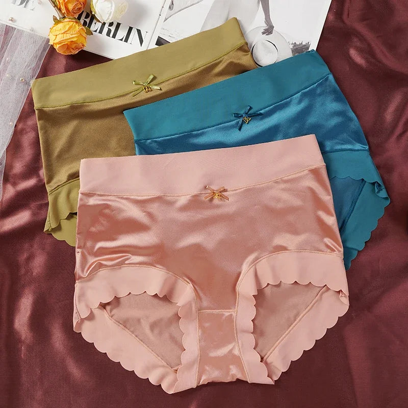 2pcs/set High-waist Women's Simple Satin Ice Silk Seamless Underwear Female Breathable High Quality Panties Butt Lift Briefs