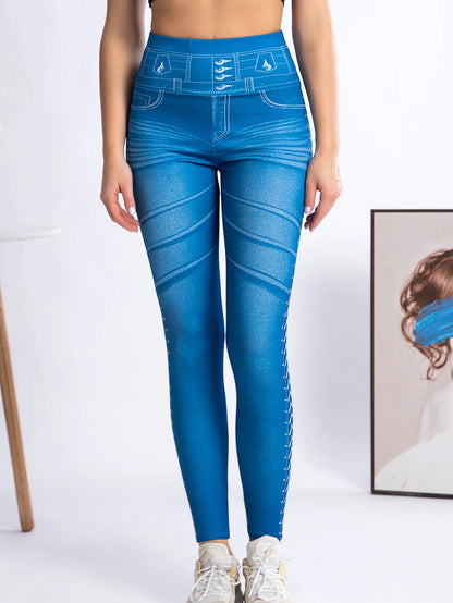 New Fashion High-waisted Imitation Denim Leggings Women Europe And America Sexy High-stretch Tight Nine-point Pants Women