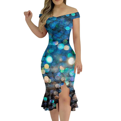 Party Dress Off Shoulder Split Ruffle Solid  Knee-Length  Fashion Glitter