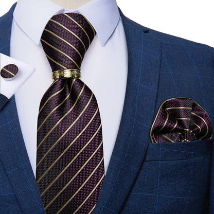 Tie Set Handkerchief Cufflinks With Gold Metal Ring 8CM Silk