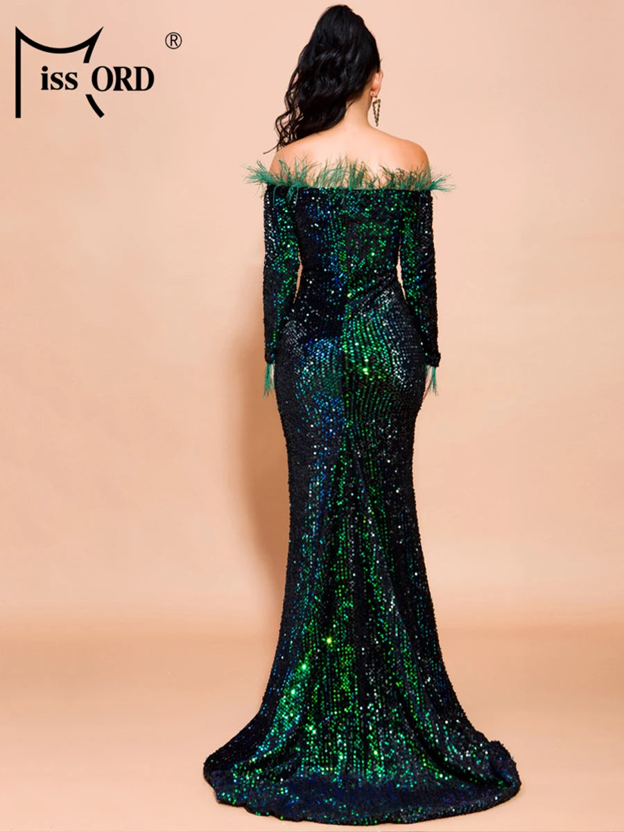 Missord Green Sequin Evening Dresses Elegant Women Off Shoulder Feather Long Sleeves Bodycon Maxi Mermaid Party Prom Dress Gown San Remo Shops