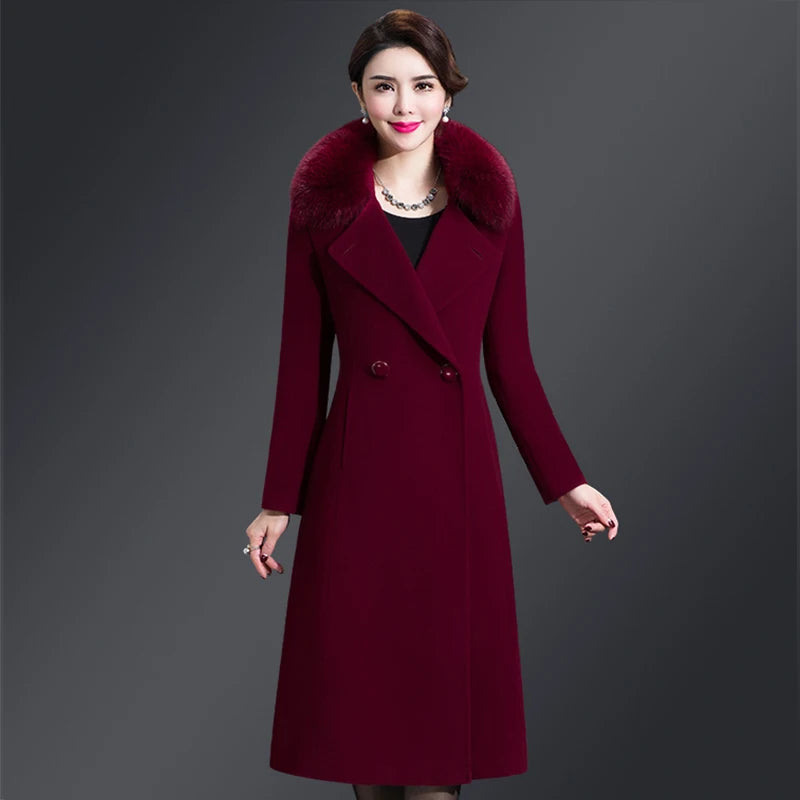 Autumn Winter Women Fashion Covered Coat Warm Pure Color Long Jacket Ladies Outwear Slim Fur Collar High Quality Clothing San Remo