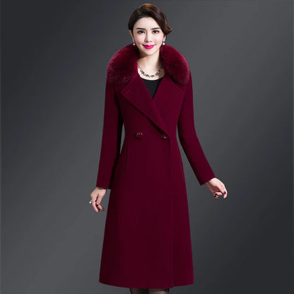 Autumn Winter Women Fashion Covered Coat Warm Pure Color Long Jacket Ladies Outwear Slim Fur Collar High Quality Clothing San Remo