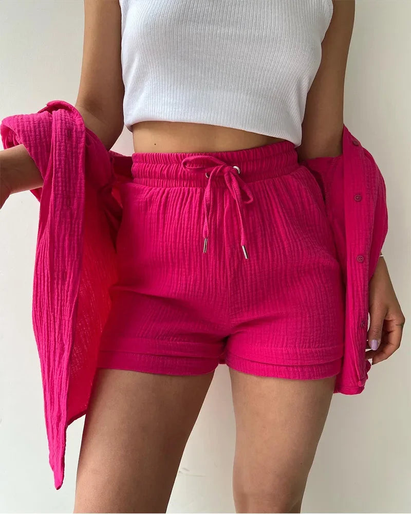 Summer Women's Suit Short Sets Outfits Muslin Suit For Women 2025 Two Piece Female Clothing Solid Button Outfits