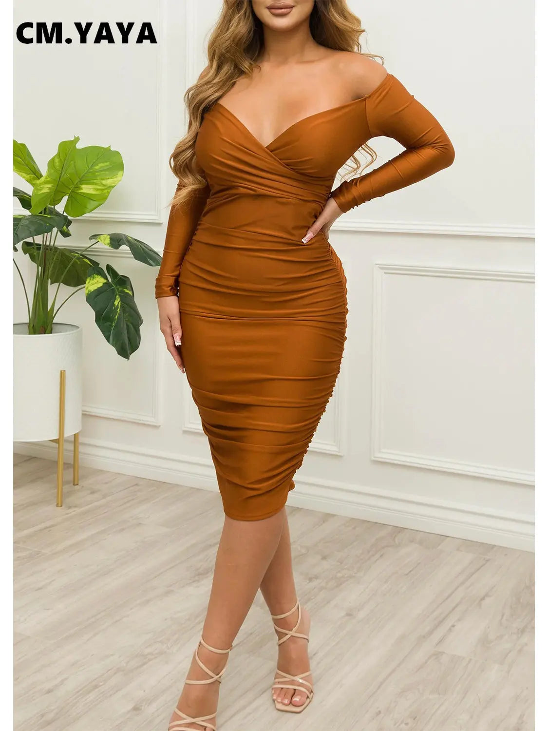 Off Shoulder V-neck Bodycon Midi Dress