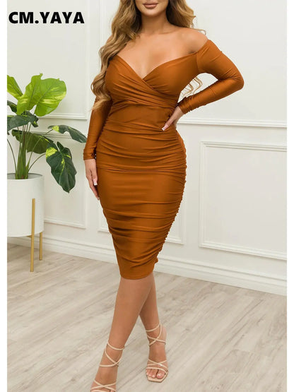 Off Shoulder V-neck Bodycon Midi Dress