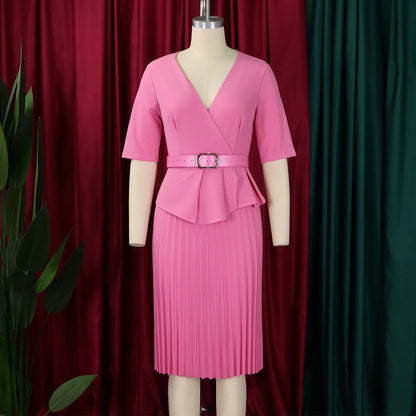 Elegante Bürokleider Plissee für Damen 2024 Herbst V-Ausschnitt Halbarm Gürtel Taille Mitte der Wade Professionelles Business-Kleid