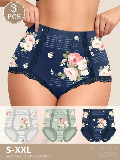 3pcs Women's High-Waisted Tummy Control Briefs Floral Print Underwear with Lace Trim Breathable Soft Fabric Elegant Lingerie