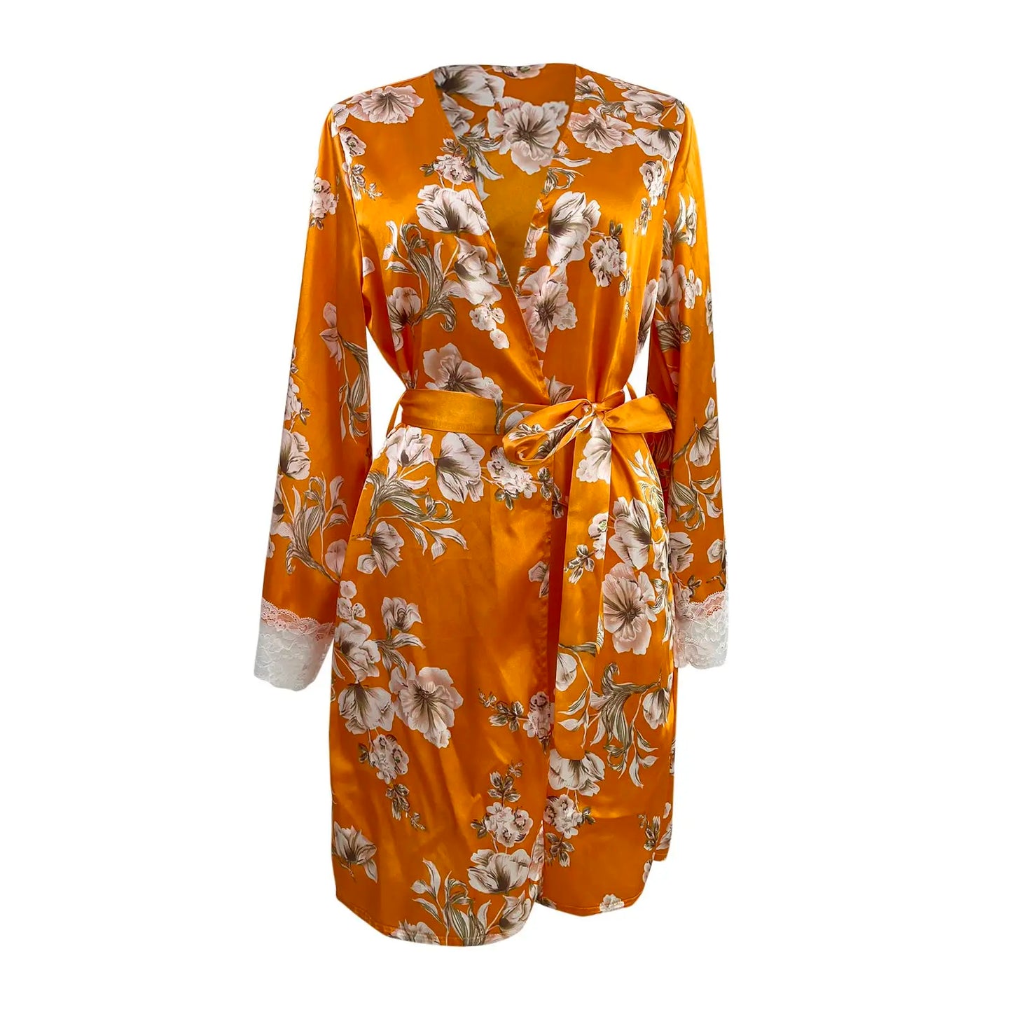 Women's Satin Nightgown Sexy Lace Patchwork Home Bathrobe Printed Robe with Belt Women's Bridal Party Casual Nightgown