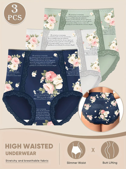 3pcs Women's High-Waisted Tummy Control Briefs Floral Print Underwear with Lace Trim Breathable Soft Fabric Elegant Lingerie