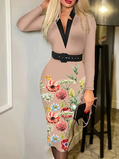 Allover Print V Neck Pencil Dress, Elegant Long Sleeve Belt Dress Women's Clothing