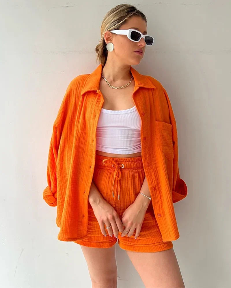 Summer Women's Suit Short Sets Outfits Muslin Suit For Women 2025 Two Piece Female Clothing Solid Button Outfits