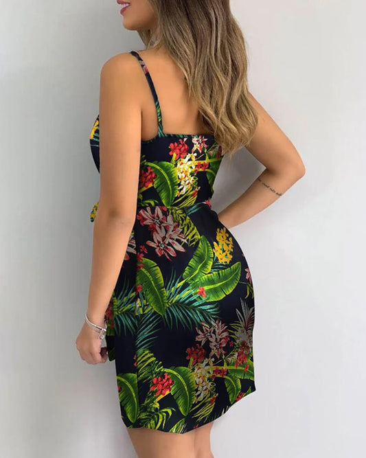 V-Neck Spaghetti Strap Bodycon Dress, Slim Fit with Waist Belt,