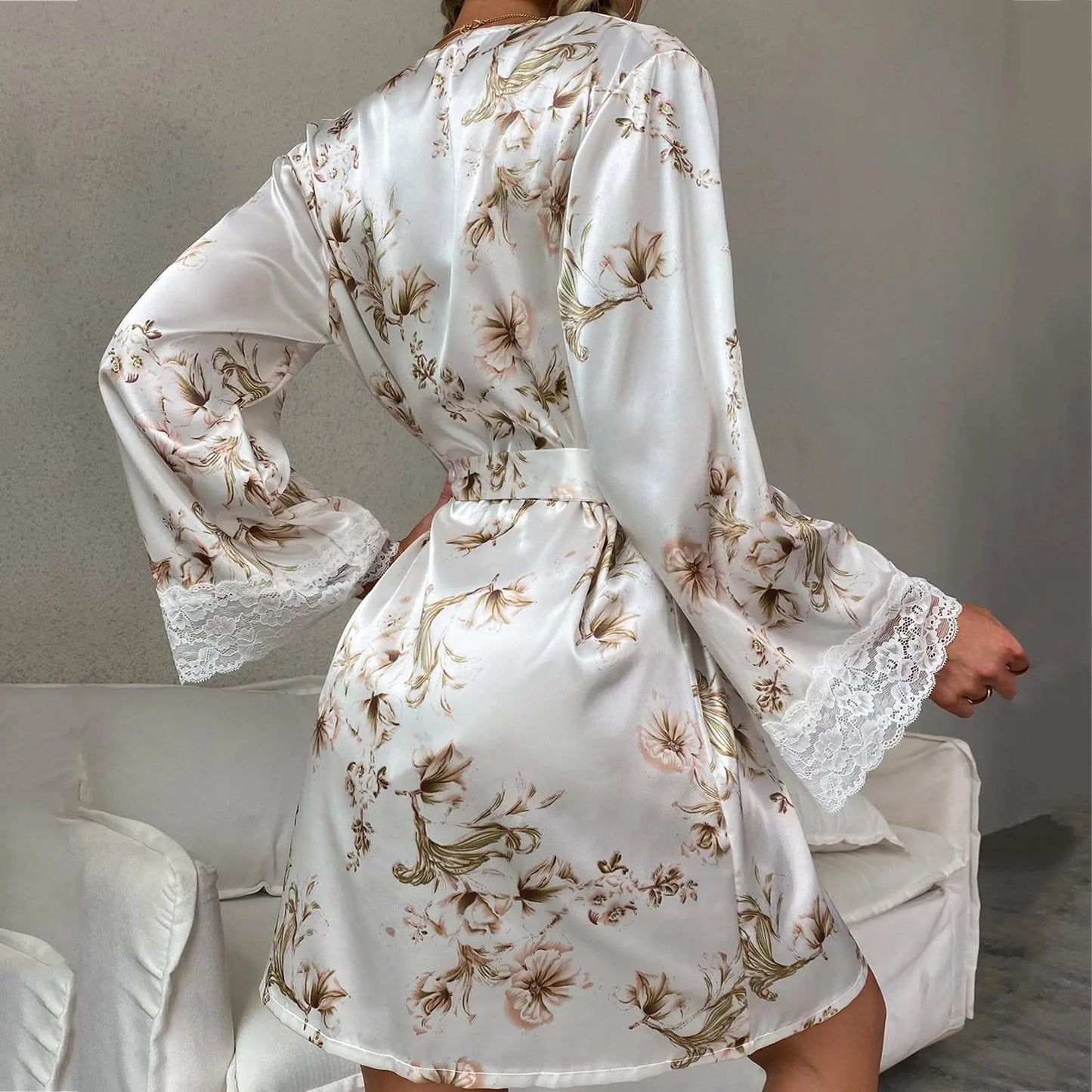 Women's Satin Nightgown Sexy Lace Patchwork Home Bathrobe Printed Robe with Belt Women's Bridal Party Casual Nightgown