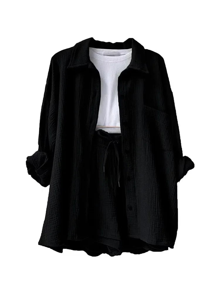 Summer Women's Suit Short Sets Outfits Muslin Suit For Women 2025 Two Piece Female Clothing Solid Button Outfits