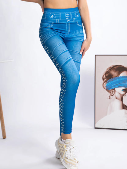 New Fashion High-waisted Imitation Denim Leggings Women Europe And America Sexy High-stretch Tight Nine-point Pants Women