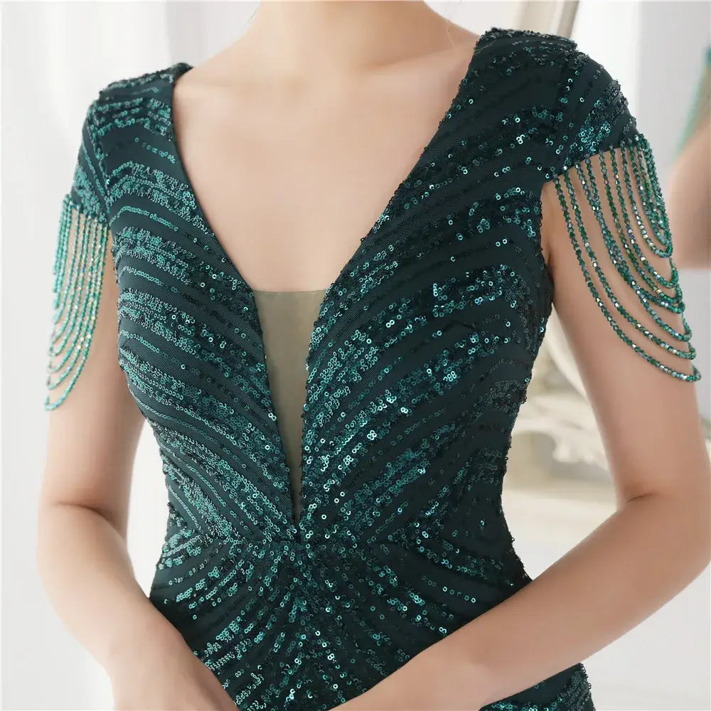 YIDINGZS Deep V Neck Green Sequin Evening Dress Sexy Party Maxi Dress Women Beading Dress Long Prom Dress San Remo Shops