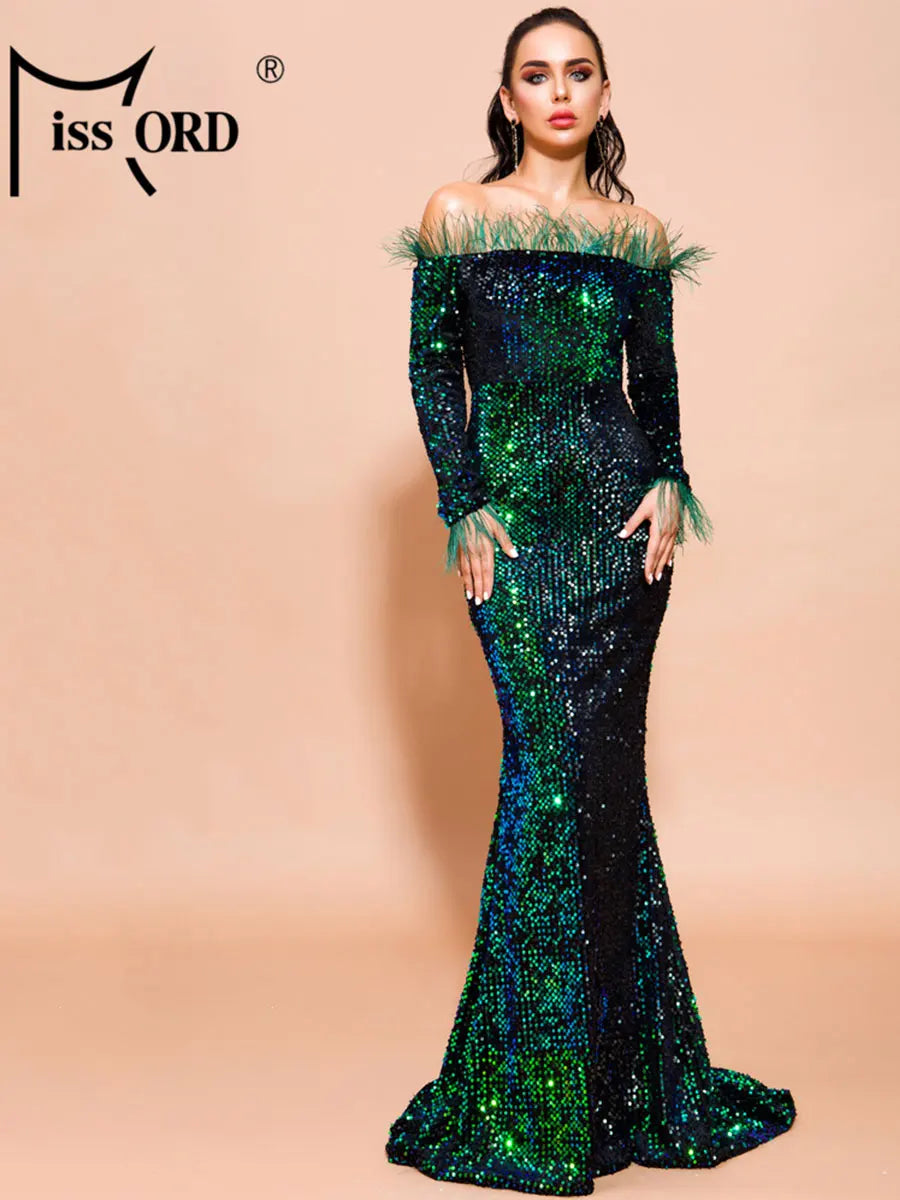 Missord Green Sequin Evening Dresses Elegant Women Off Shoulder Feather Long Sleeves Bodycon Maxi Mermaid Party Prom Dress Gown San Remo Shops