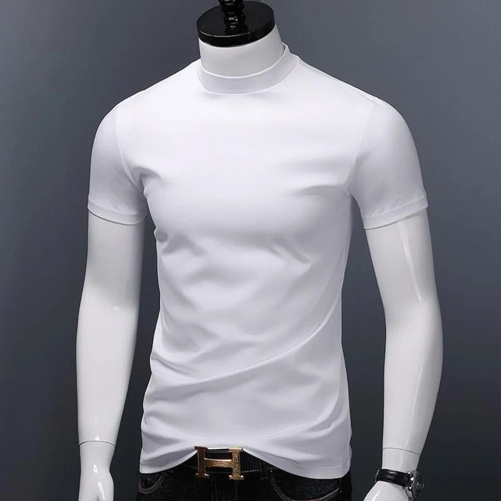 Men's Casual Turtleneck T-Shirts Short Sleeve Solid Slim Fit Silk High Neck Tops Inner Wear Trendy Round Neck Base Layer Shirt San Remo Shops