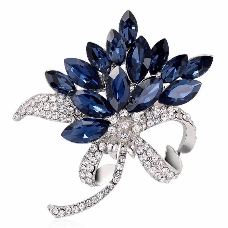 Luxury Design Blue Crystal Bouquet Brooches For Women Inlaid Rhinestone Trendy Brooch Pins Clothing Accessories Jewelry Gifts Desers