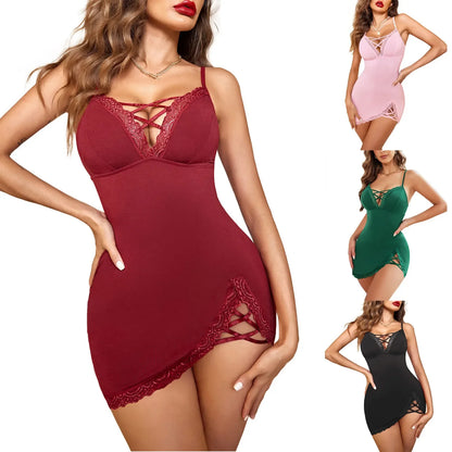 Sexy Backless V-Neck Sleep Dress, Slim-Fit Lace Trim Nightwear, Sheer Cutouts & High Slit Loungewear for Home Party Nightout