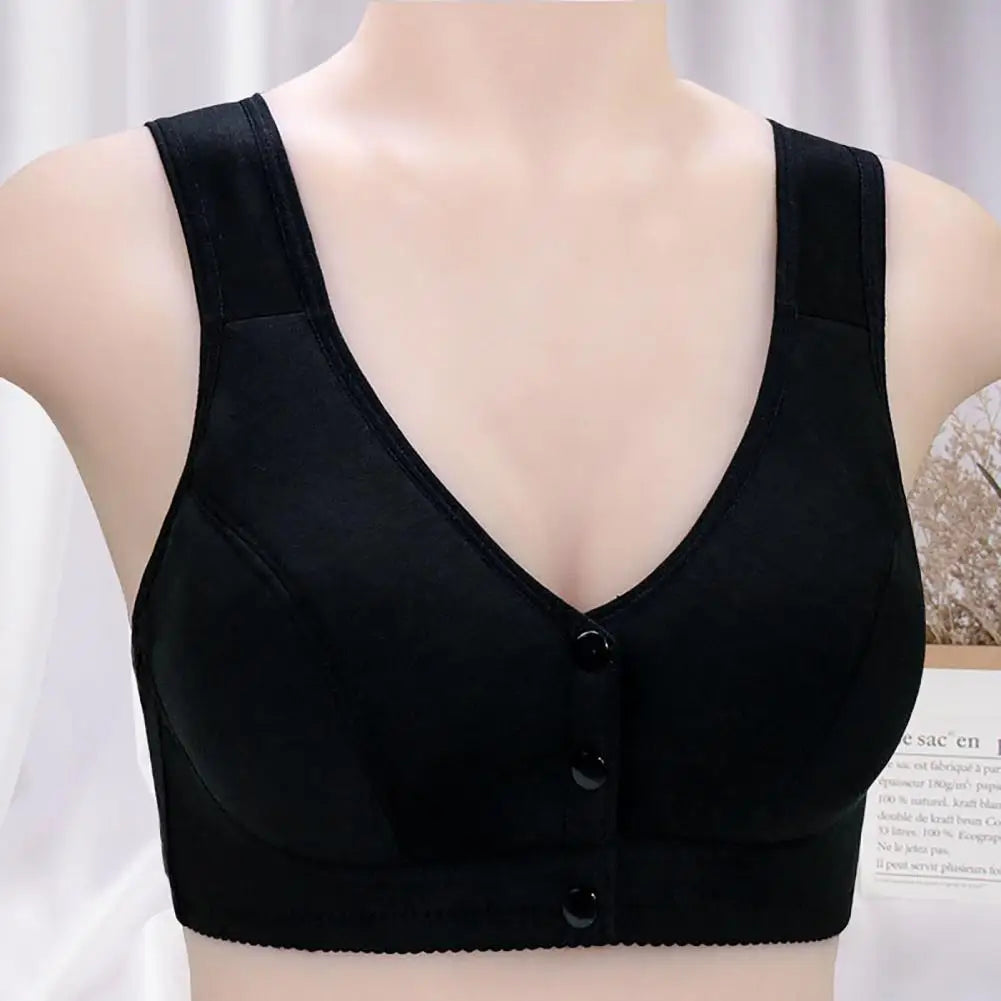 Comfortable Soft Bras Cotton Front-Close Bralette Wide Strap Buttons V Neck Padded Push Up Plus Size Middle Age Women Underwear San Remo