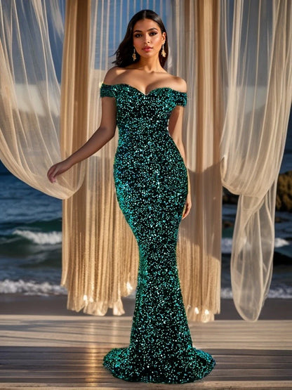 Romagic Off The Shoulder Mermaid Evening Dress Red Stretchy Sequin Velvet Slash Neck Floor Length Luxury Women Party Dresses San Remo Shops