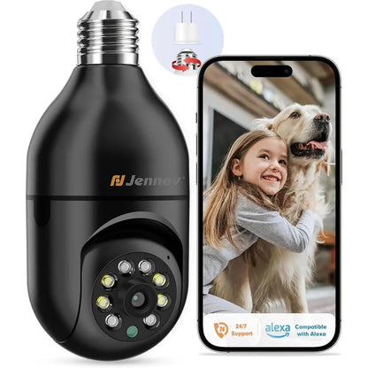 Jennov Light Bulb Security Camera, 360°/2k HD Wireless, Wi-Fi Light Socket for Indoor-outdoor Home Security