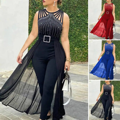 Mono plisado para mujer, elegante mono con hebilla de diamantes de imitación para mujer, de malla con retazos, cintura alta, para ocasiones formales y fiestas.