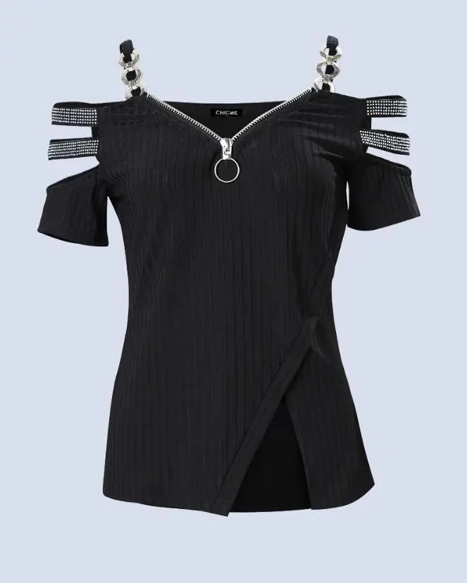 Top Selling On Similar Deals Y2K Women's Clothing Cold Shoulder Top Summer Rhinestone Zipper Details Split Bottom Slim T-Shirt San Remo