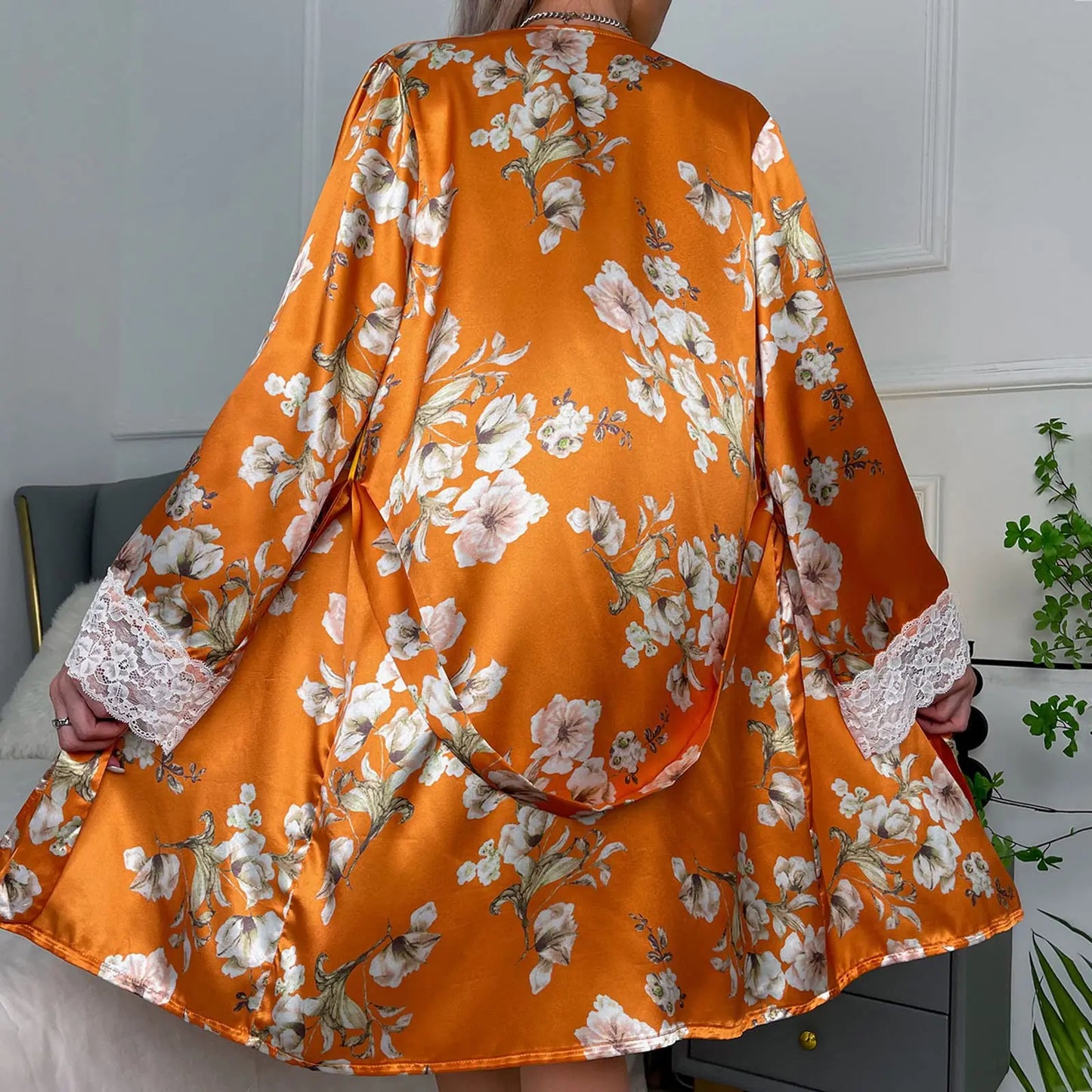 Women's Satin Nightgown Sexy Lace Patchwork Home Bathrobe Printed Robe with Belt Women's Bridal Party Casual Nightgown