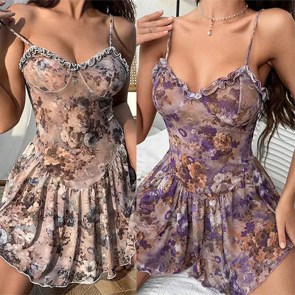 Babydolls Floral plissierten Leibchen kurzen Rock und Nachthemd Damen Pyjama Dessous