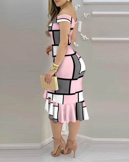 Casual Women's Dresses 2025 Spring Geometric Color Block Printed Ruffle Hem Off Shoulder Short Sleeved Casual Daily Midi Dress