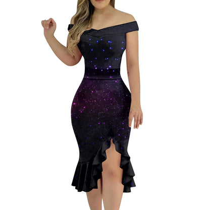 Party Dress Off Shoulder Split Ruffle Solid  Knee-Length  Fashion Glitter