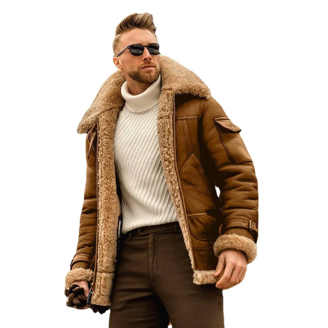 Mens Large Size Dull Polish Velvet Plain Composite Leather Jacket Thick Warm Zipper Plush Woolen Faux Fur Collar Coat Male S-5XL