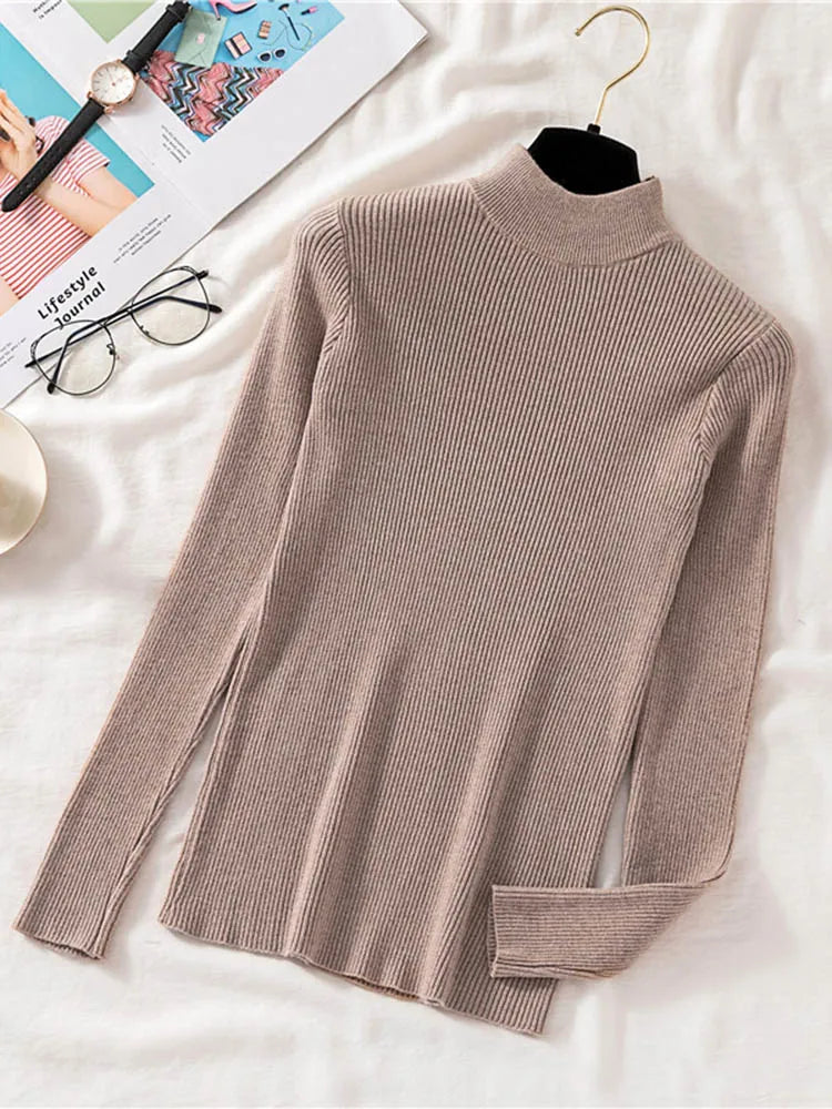 Zoki Autumn Women Pullover Sweater Half Turtleneck Long Sleeve Knitted Jumper Winter Elastic Solid Basic Ladies Blouse New San Remo