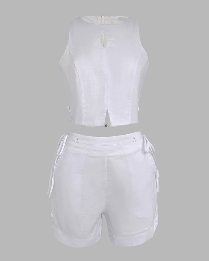 Two Piece Set Women Outfit 2025 Summer New Halter Sleeveless Hollow-Out Crop Tank & Casual Pocket Lace-Up Drastring Shorts Set